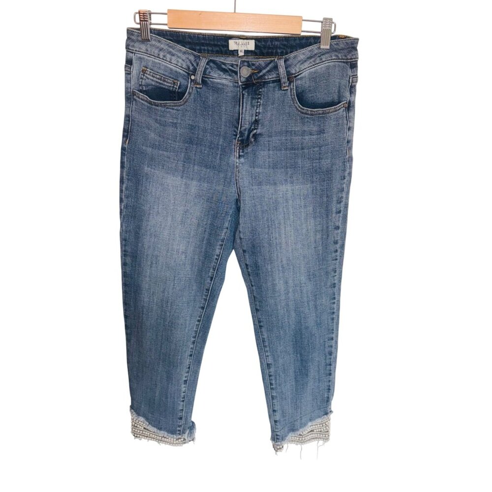 Tru Luxe Bling Jeans 10 Mid-Wash Denim Pearl Bead Embellishments Straight Leg